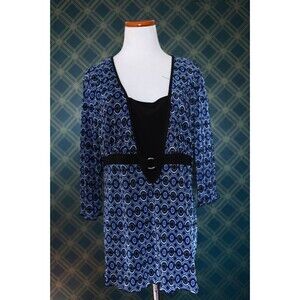 Lane Bryant Y2K womens Plus 14/16 Blue Babydoll Top Belted Geometric 3/4 Sleeve